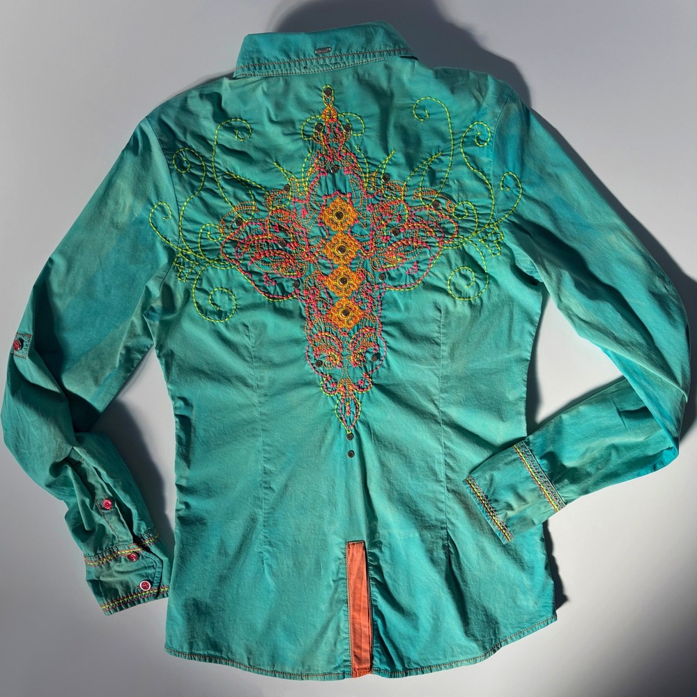 Roar Rhinestone Western S Teal Distressed Neon Embroidered Y2K Cowgirl McBling